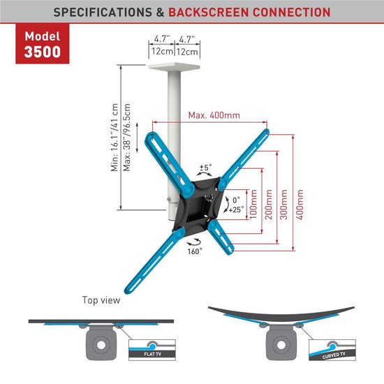 Barkan Mounts Witte Plafondbeugel 27 - 65 inch |Hoogste instelbaar |Draai- en kantelbaar |VESA 400x400 |Universeel