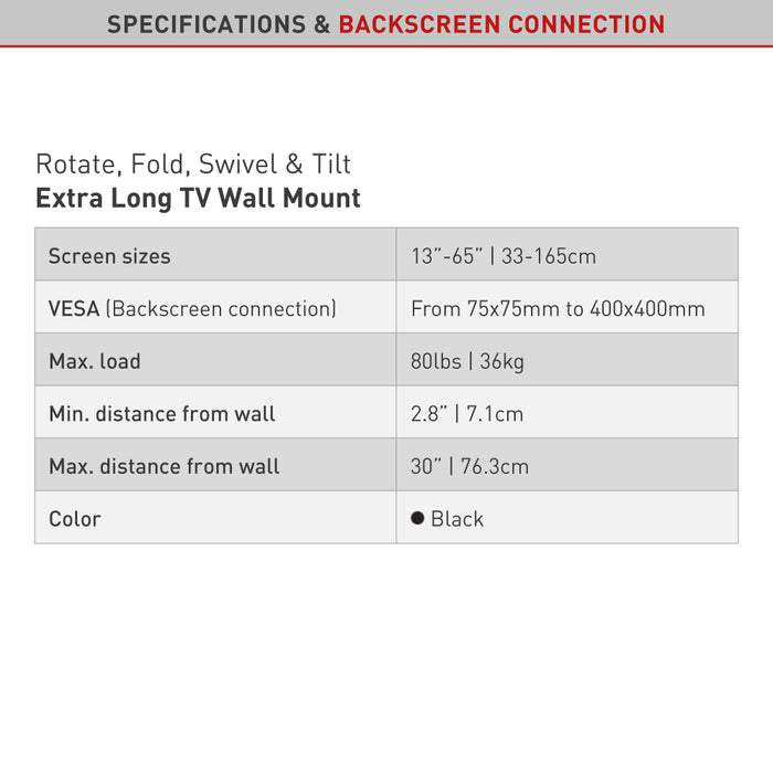 Barkan Mounts Extra lange TV-Muurbeugel 13 - 65 inch |Max. 36 kg |VESA 400x400
