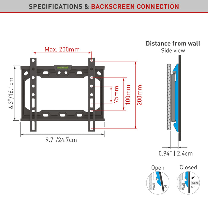 Barkan Mounts Compacte Vaste muurbeugel voor schermen tot 43 inch |VESA 200x200