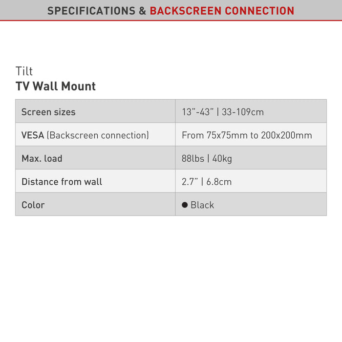 Barkan Mounts Compacte kantelbare muurbeugel voor schermen tot 43 inch |VESA 200x200