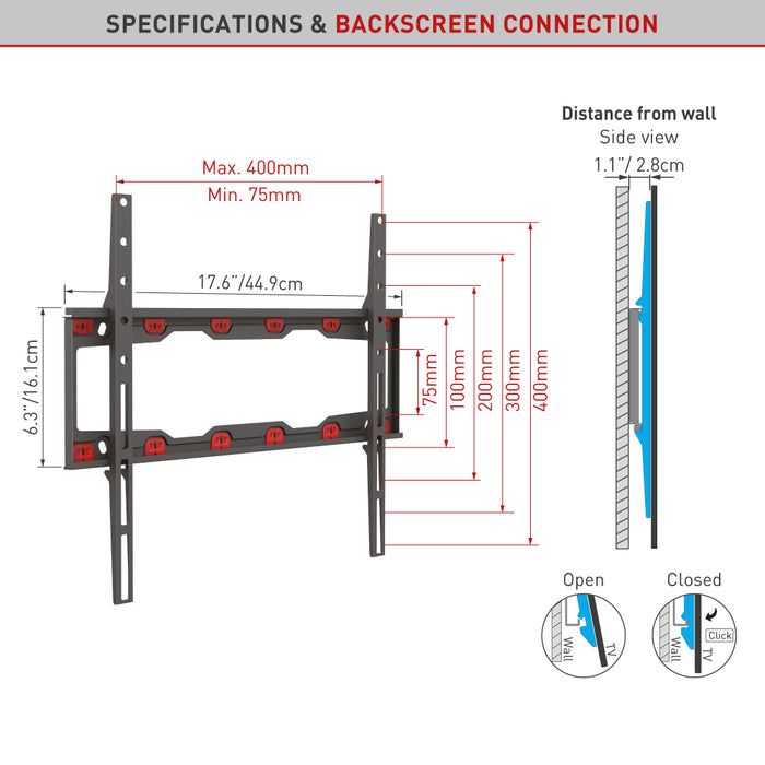 Barkan Mounts Gipswand beugel voor schermen tot 55 inch |VESA 400x400 |Universeel