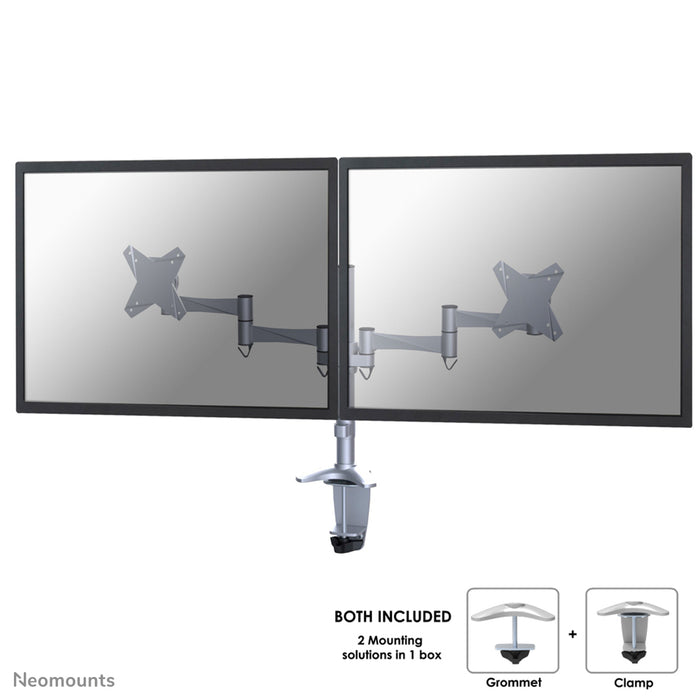 Neomounts FPMA-D1330D zilver is een bureausteun voor 2 flat screens t/m 27 inch (69 cm).
