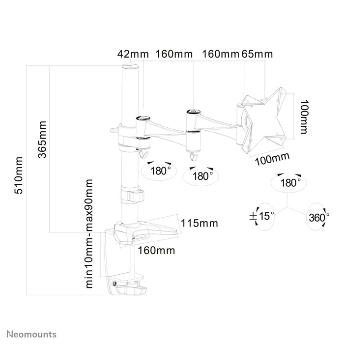 Neomounts FPMA-D1330 wit is een bureausteun met 3 draaipunten voor flat screens t/m 30 inch (76 cm).