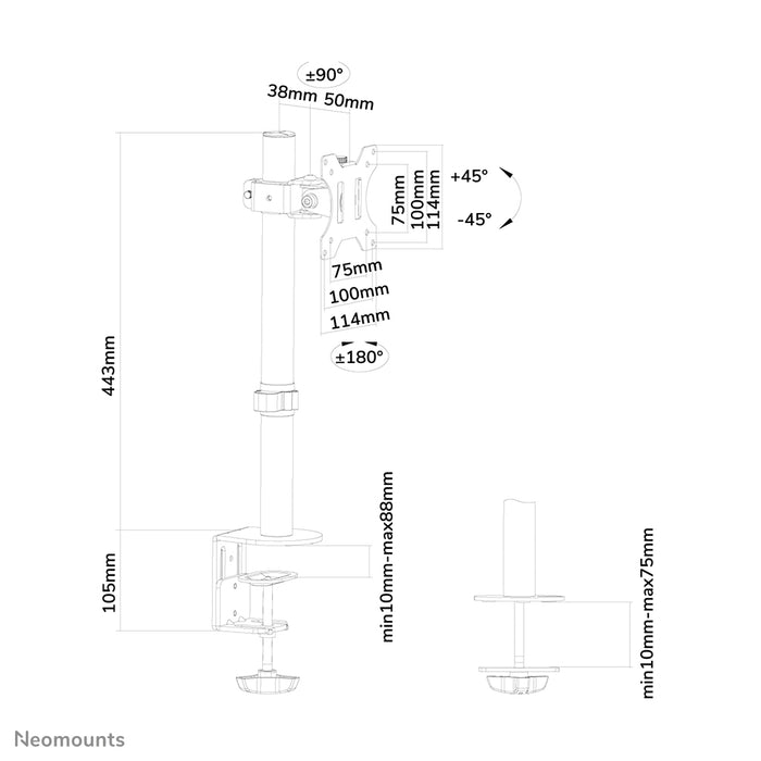 Neomounts FPMA-D510 zwart is een bureausteun met 1 draaipunt voor flat screens t/m 32 inch.