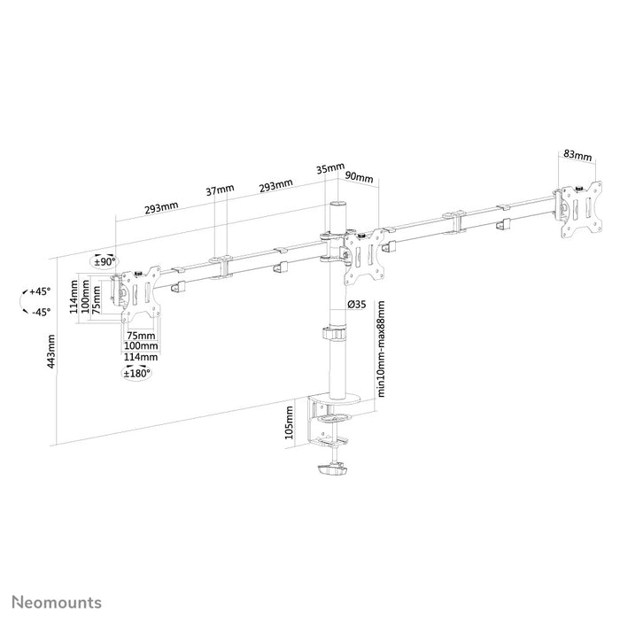 Neomounts FPMA-D550D3 zwart is een bureausteun voor 3 flat screens t/m 27 inch (69 cm).