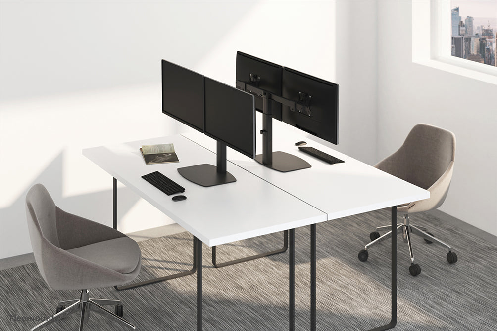 Neomounts FPMA-D865D zwart is een bureausteun voor twee flat screens t/m 27 inch (69 cm).