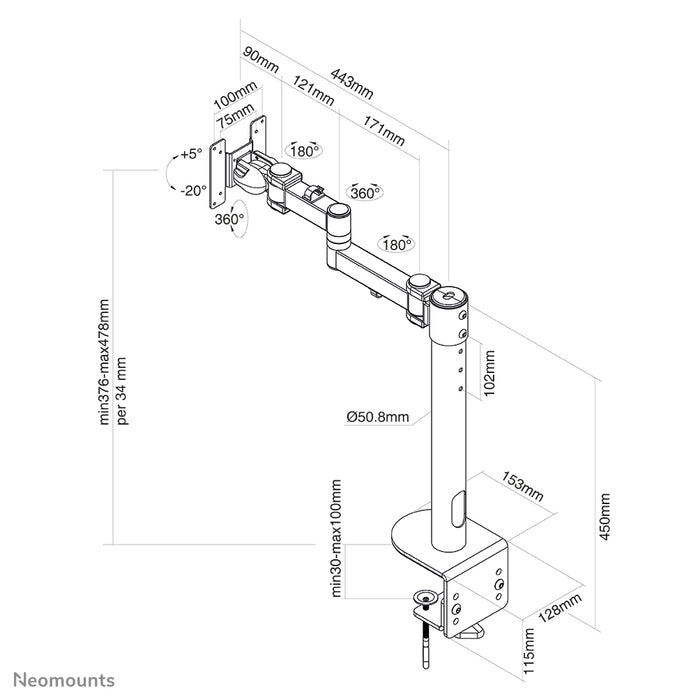 Neomounts FPMA-D960 zwartPLUS is een bureausteun met 3 draaipunten voor curved screens t/m 49 inch (124 cm).