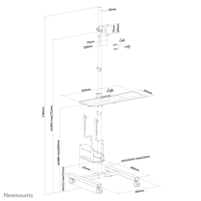 Neomounts FPMA-MOBILE1700 is een verrijdbare werkplek voor een monitor (max. 32 inch/81 cm), PC, toetsenbord en muis.