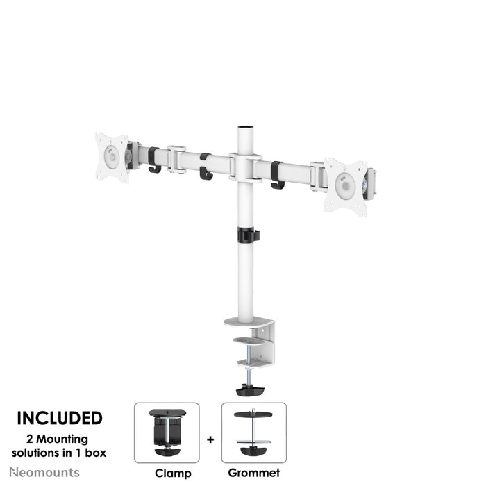 Neomounts NM-D135D wit is een bureausteun voor 2 flat screens t/m 27 inch (69 cm).