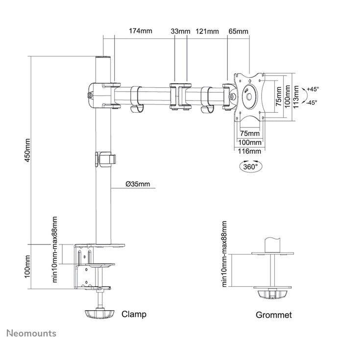 Neomounts NM-D135 wit is een bureausteun met 3 draaipunten voor flat screens t/m 30 inch (76 cm).