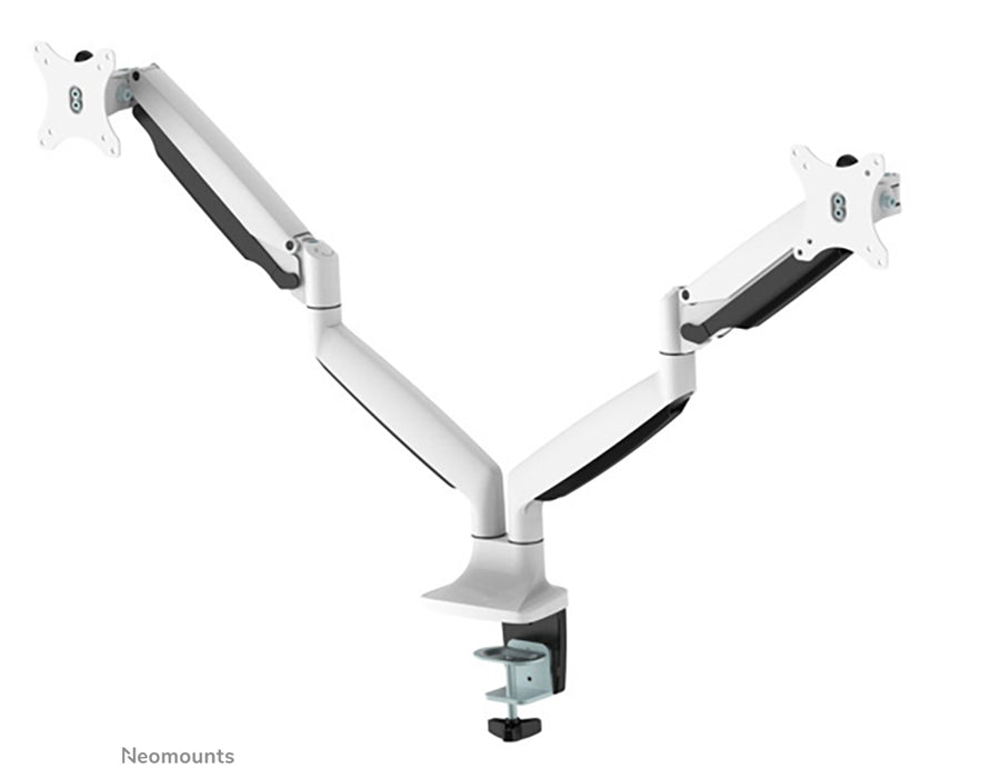 Neomounts NM-D750D wit is een gasgeveerde bureausteun voor twee flat screens t/m 32 inch (82 cm).