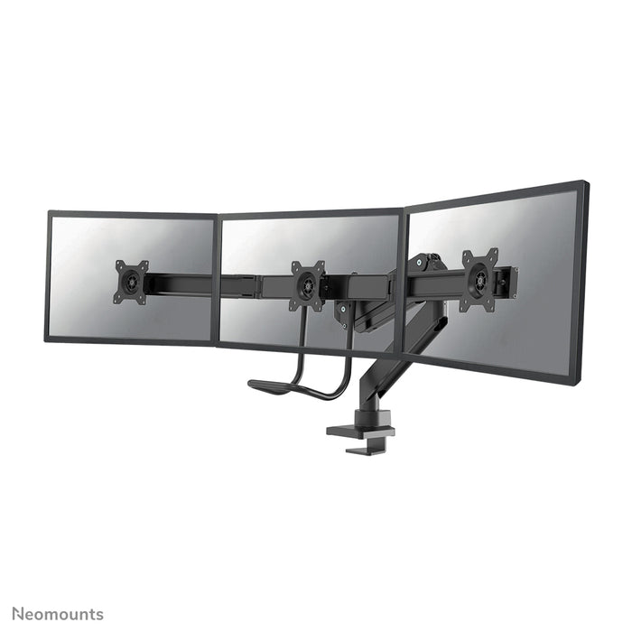Neomounts NM-D775DX3 zwart is een gasgeveerde bureausteun met crossbar en hendel voor flat screens t/m 27 inch (68,6 cm).