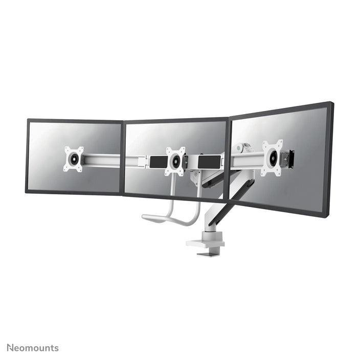 Neomounts NM-D775DX3 wit is een gasgeveerde bureausteun met crossbar en hendel voor flat screens t/m 27 inch (68,6 cm).