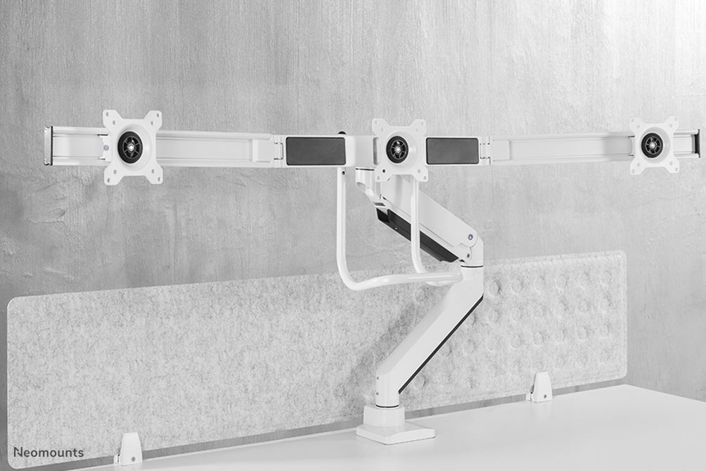 Neomounts NM-D775DX3 wit is een gasgeveerde bureausteun met crossbar en hendel voor flat screens t/m 27 inch (68,6 cm).