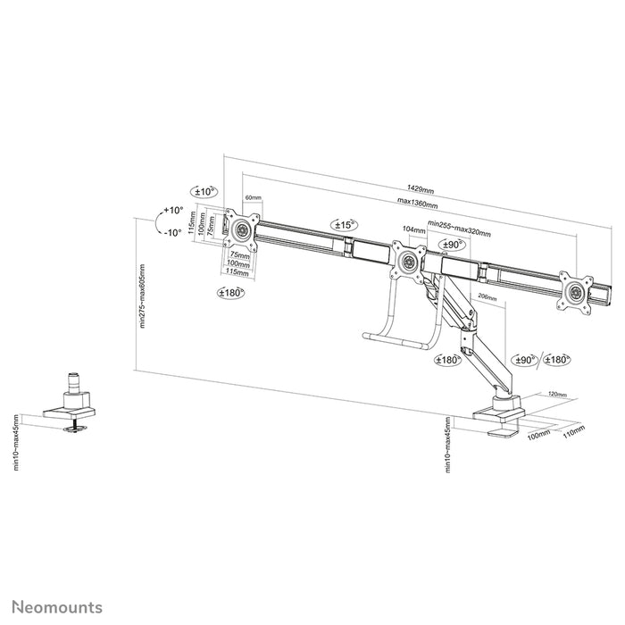 Neomounts NM-D775DX3 wit is een gasgeveerde bureausteun met crossbar en hendel voor flat screens t/m 27 inch (68,6 cm).