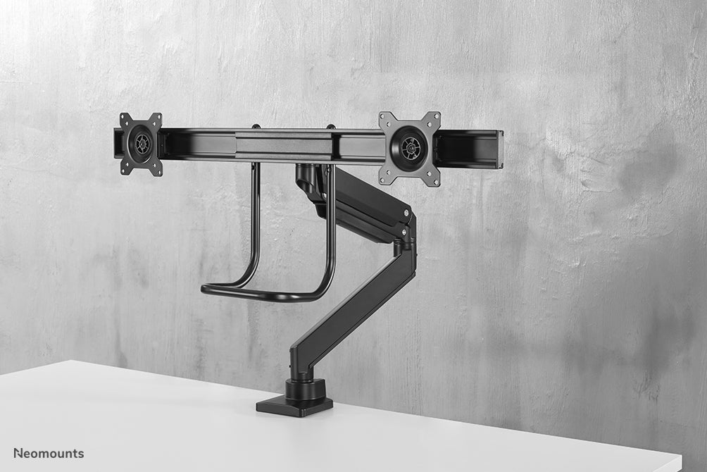 Neomounts NM-D775DX zwart is een gasgeveerde bureausteun met crossbar en hendel voor flat screens t/m 32 inch (81 cm).