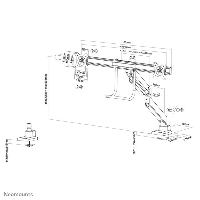 Neomounts NM-D775DX zwart is een gasgeveerde bureausteun met crossbar en hendel voor flat screens t/m 32 inch (81 cm).