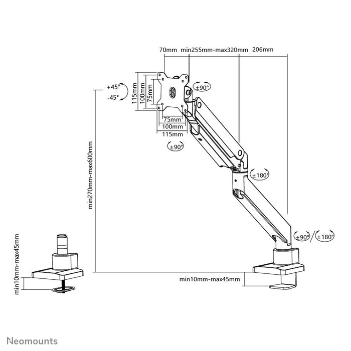 Neomounts NM-D775 witPLUS is een gasgeveerde bureausteun voor curved monitors t/m 49 inch (124 cm) - Wit