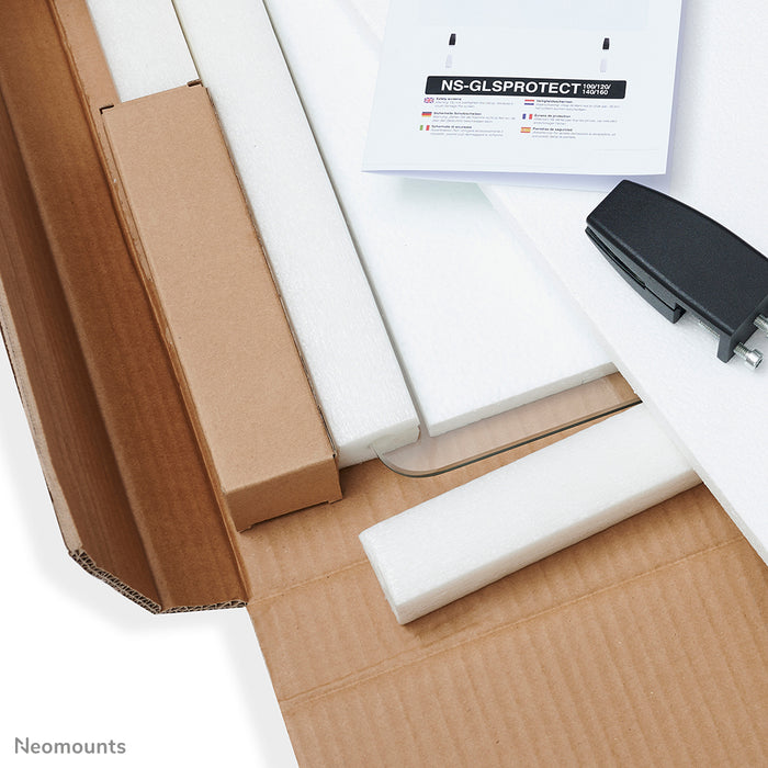 Neomounts NS-GLSPROTECT100 is een duurzaam glazen scherm van 100 cm dat afstandsbescherming biedt op de werkvloer - Gehard, transparant glas, 100% recyclebaar