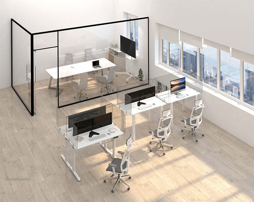 Neomounts NS-GLSPROTECT160 is een duurzaam glazen scherm van 158 cm dat afstandsbescherming biedt op de werkvloer - Gehard, transparant glas, 100% recyclebaar