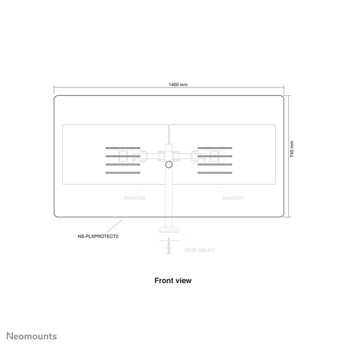 Neomounts NS-PLXPROTECT2 is een transparant scherm t.b.v. 2 flat screens en biedt afstandsbescherming op de werkvloer - Transparant acrylaat, 100% recyclebaar | PLXPROTECT van is geregistreerd als EU-Design patent |