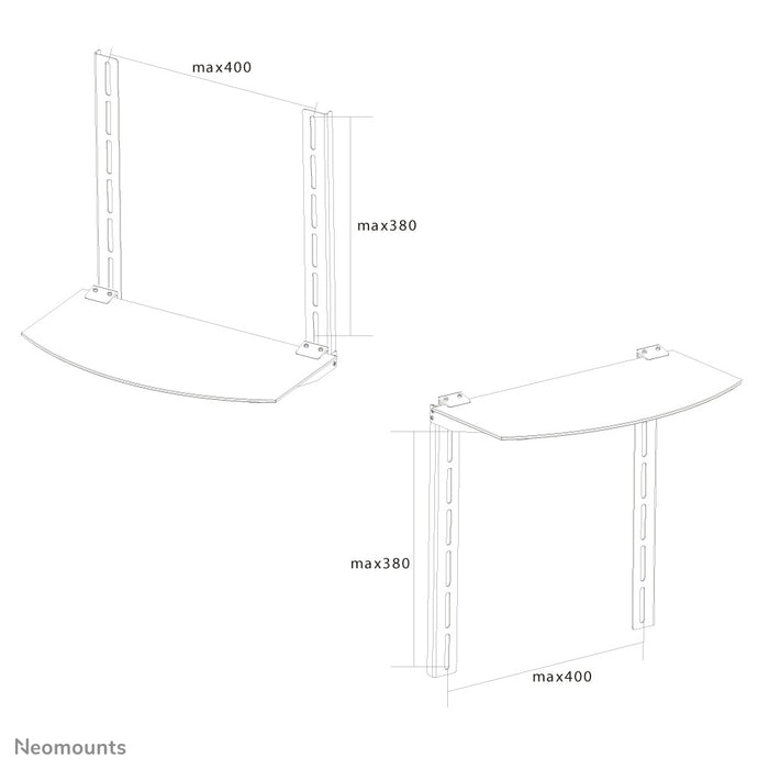 Neomounts AV-steun, model NS-SHELF100 is ideaal voor het plaatsen van AV-apparatuur onder flat screen steunen.