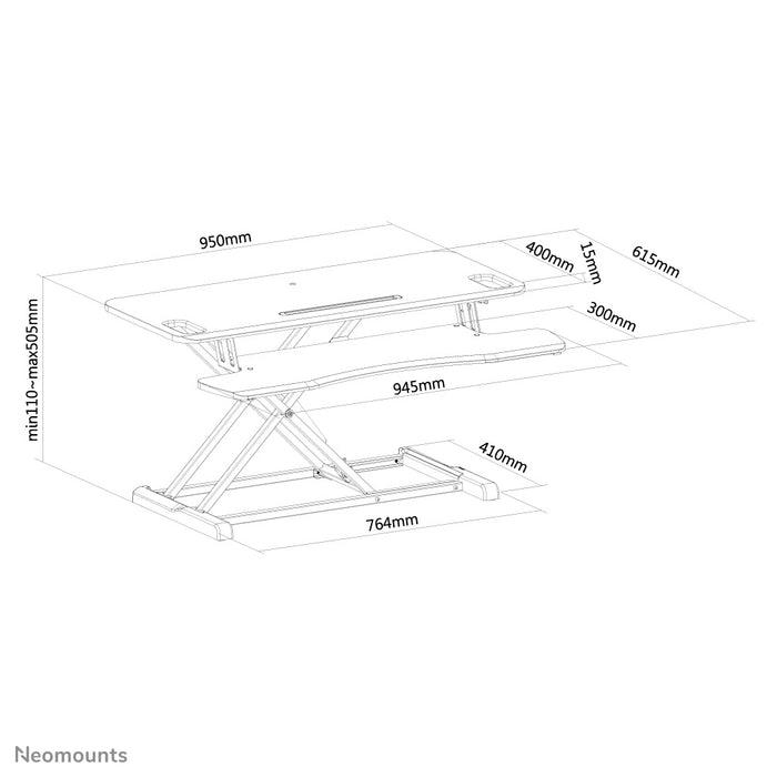 Neomounts zit-sta werkplek, model NS-WS300 zwart, transformeert een standaard werkplek in een gezonde zit-sta werkplek.