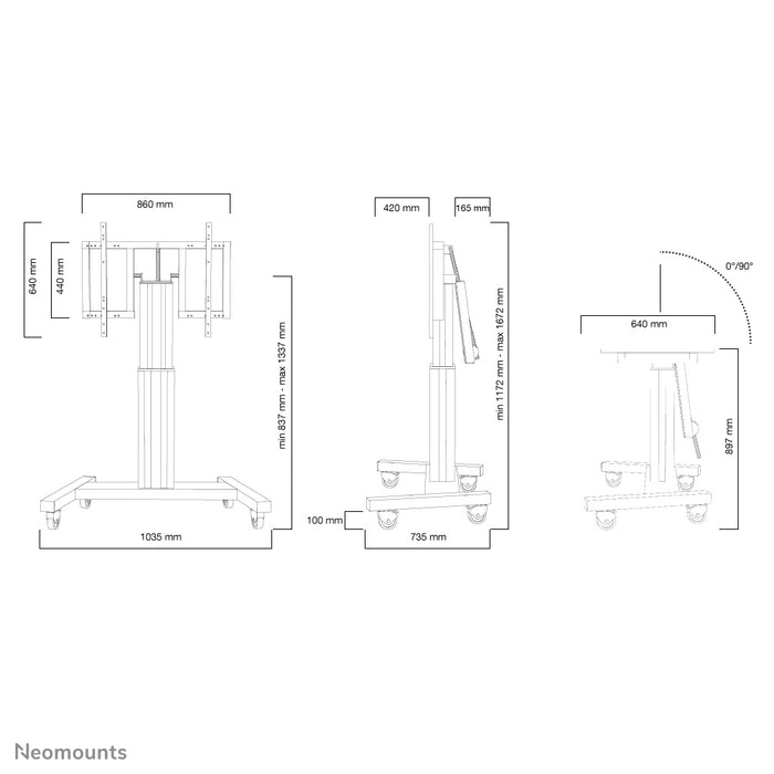 Neomounts PLASMA-M2500T zwart is een elektrisch in hoogte verstelbare trolley met 90 graden kantelfunctie voor flat screens t/m 100 inch.