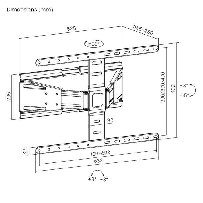 Wolff Mount Ultra platte Full Motion TV muurbeugel | Afstand 19.5 tot 250mm | Draai- Kantelbaar | VESA 600x400 | Universeel