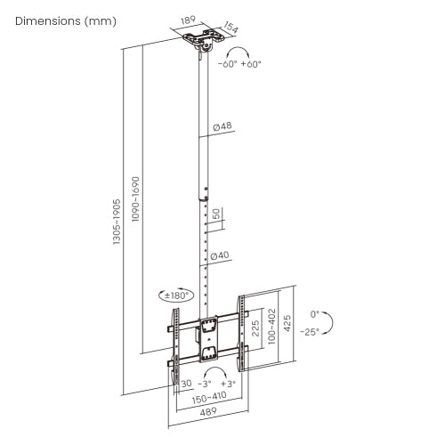 Wolff Mount Universele TV Plafondbeugel – 32 t/m 55 inch – Draaibaar en Kantelbaar – Ook voor Schuin Plafond